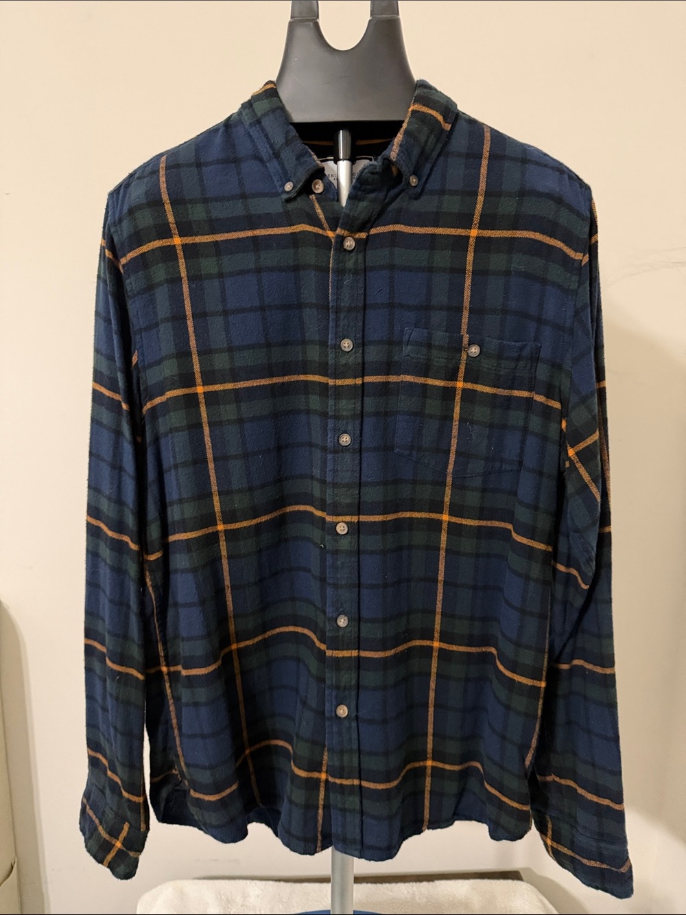 Men's Navy and Green Plaid Cotton Button-Down Shirt
